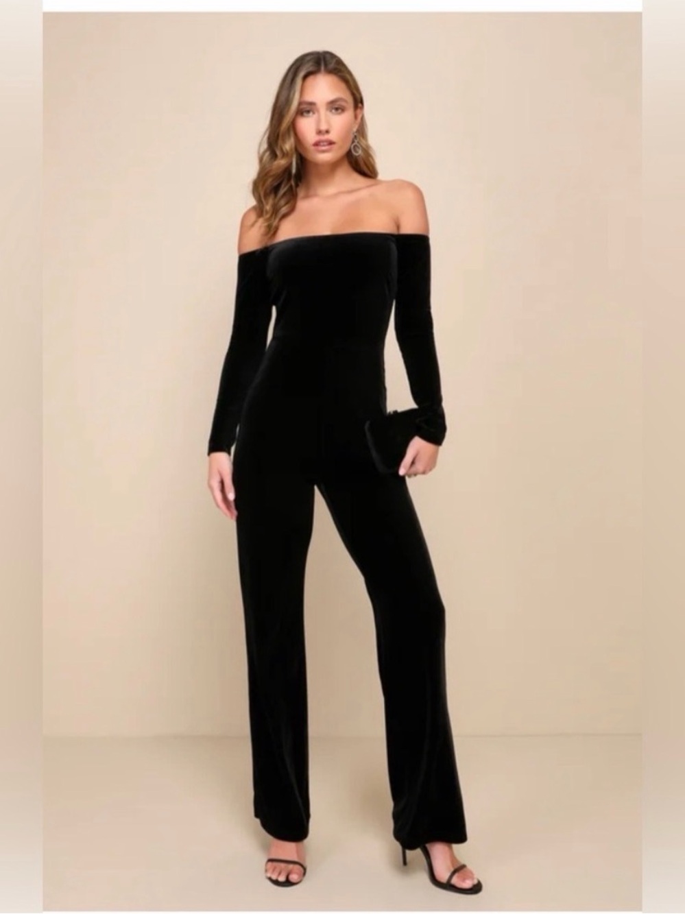 Lulu's Black Off-the-Shoulder Velvet Jumpsuit with Bows